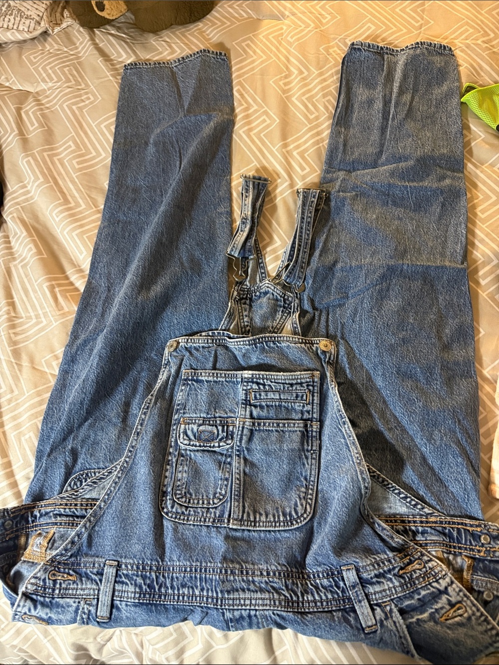 American Eagle Outfitters Blue Denim Overalls with Contrast Stitching